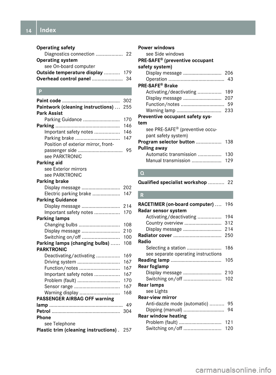 MERCEDES-BENZ SLK ROADSTER 2012  Owners Manual Operating safety
Diagnostics connection ...................22
Operating system
see On-board computer
Outside temperature display ...........179
Overhead control panel ......................34 P
Pain t