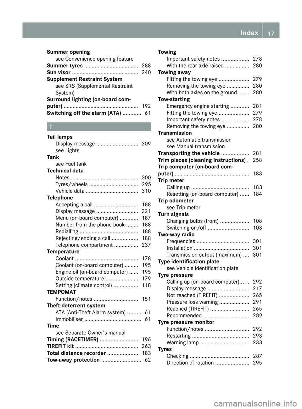 MERCEDES-BENZ SLK ROADSTER 2012 User Guide Summer opening
see Convenience opening feature
Summer tyres .................................... 288
Sun visor ............................................ 240
Supplement Restraint System see SRS (Sup