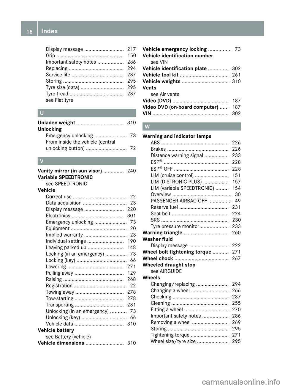 MERCEDES-BENZ SLK ROADSTER 2012 Owners Manual Display message
............................ 217
Grip ................................................ 150
Important safety notes ..................286
Replacing ...................................... MERCEDES-BENZ SLK ROADSTER 2012 Owners Manual Display message
............................ 217
Grip ................................................ 150
Important safety notes ..................286
Replacing ......................................