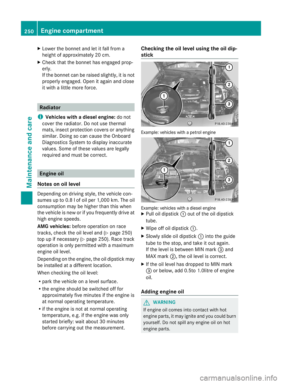 MERCEDES-BENZ SLK ROADSTER 2012 Owners Manual X
Lower the bonnet and let it fall from a
heightofa pproximately 20 cm.
X Check that the bonnet has engaged prop-
erly.
If the bonnet can be raised slightly, it is not
properly engaged. Open it again MERCEDES-BENZ SLK ROADSTER 2012 Owners Manual X
Lower the bonnet and let it fall from a
heightofa pproximately 20 cm.
X Check that the bonnet has engaged prop-
erly.
If the bonnet can be raised slightly, it is not
properly engaged. Open it again