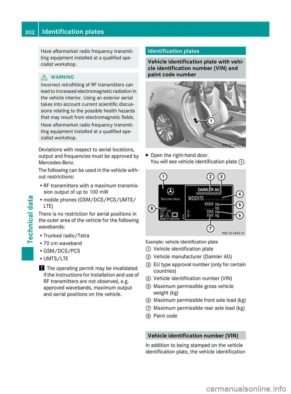 MERCEDES-BENZ SLK ROADSTER 2012  Owners Manual Have aftermarket radio frequency transmit-
ting equipment installed at a qualified spe-
cialist workshop.
G
WARNING
Incorrect retrofitting of RF transmitters can
lead to increased electromagnetic radi