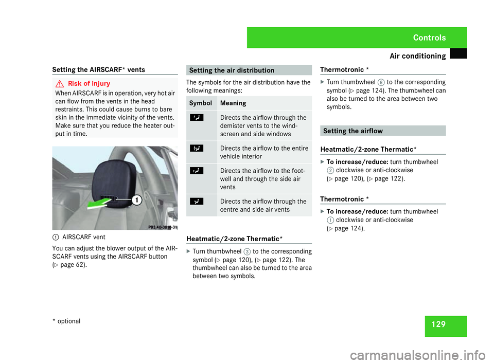 MERCEDES-BENZ SLK ROADSTER 2008  Owners Manual Air conditionin
g 129
Setting the AIRSCARF* vents G
Risk of injury
When AIRSCARF is in operation, very hot ai r
can flow from the vents in the hea d
restraints. This could cause burns to bare
skin in 