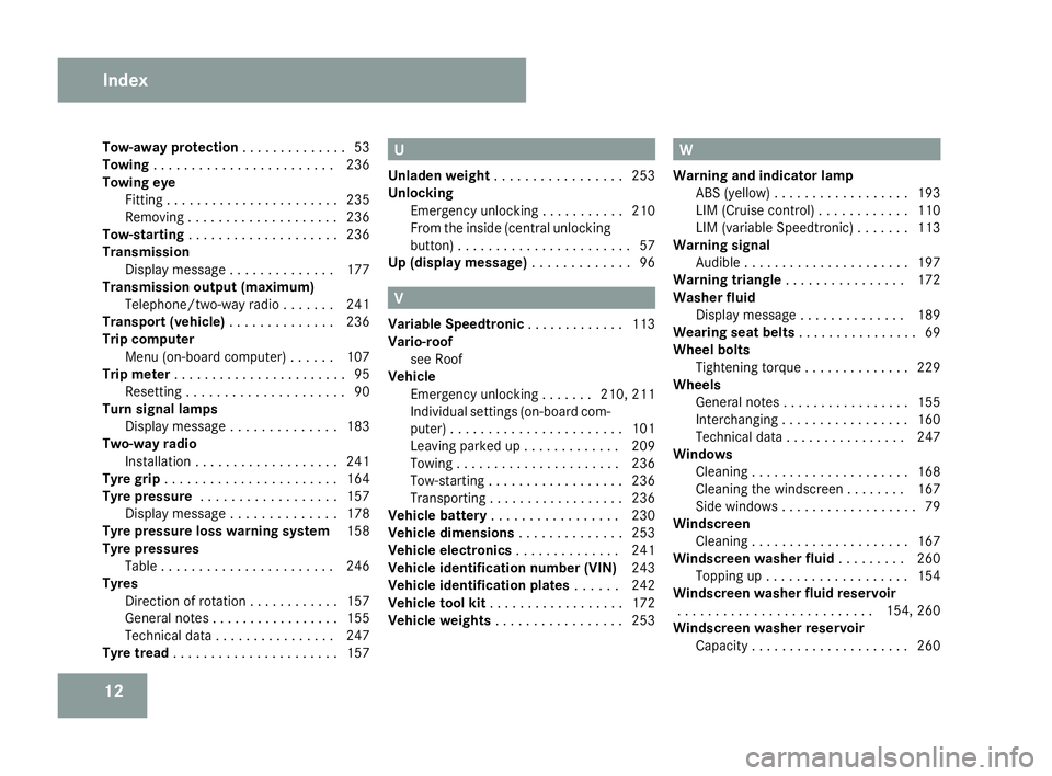 MERCEDES-BENZ SLK ROADSTER 2008  Owners Manual 12
Tow-away protection
. . . . . . . . . . . . ..53
Towin g. . . . . . . . . . . . . . . . . . . . . . . .236
Towing eye Fitting . . . . . . . . . . . . . . . . . . . . . . .235
Removing . . . . . . .