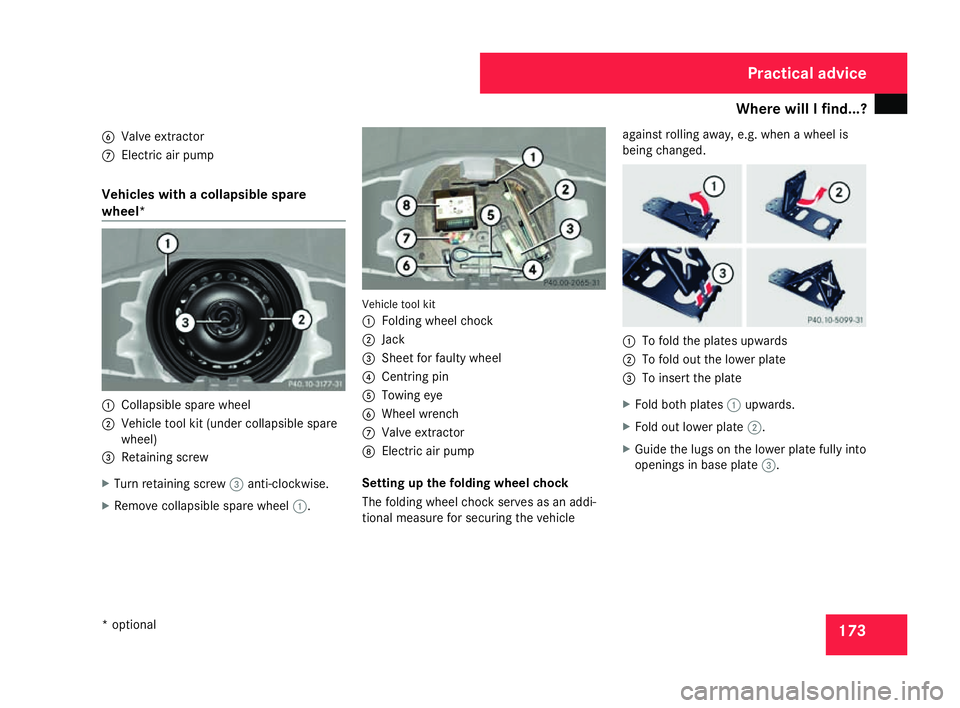 MERCEDES-BENZ SLK ROADSTER 2008  Owners Manual Where will I find...?
173
6
Valve extractor
7 Electric air pump
Vehicles with a collapsible spare
wheel* 1
Collapsible spare wheel
2 Vehicle tool kit (under collapsible spare
wheel)
3 Retaining screw
