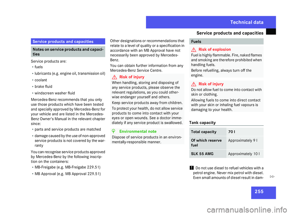 MERCEDES-BENZ SLK ROADSTER 2008  Owners Manual Service products and capacities
255Service products and capacities
Notes on service products and capaci-
ties
Service products are:
R fuel s
R lubricants (e.g. engine oil, transmission oil)
R coolant
