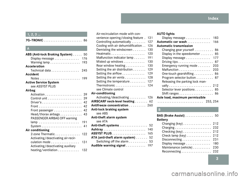 MERCEDES-BENZ SLK ROADSTER 2008  Owners Manual 31, 2, 3 ...
7G–TRONIC . . . . . . . . . . . . . . . . . . . . . .86 A
ABS (Anti-lock Braking System ). . . . .50
Display message . . . . . . . . . . . . . .176
Warning lamp . . . . . . . . . . . . 