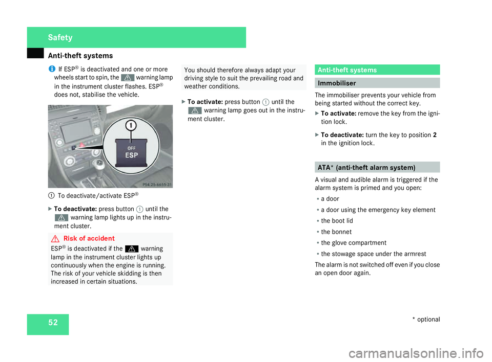 MERCEDES-BENZ SLK ROADSTER 2008 Workshop Manual Anti-theft syste
ms52
i
If ESP ®
is deactivated and one or mor e
wheels start to spin, the vwarning lamp
in the instrument cluster flashes. ES P®
does not, stabilise the vehicle. 1
To deactivate/act