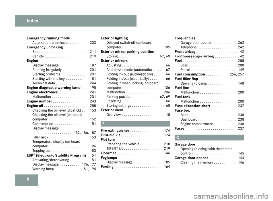 MERCEDES-BENZ SLK ROADSTER 2008  Owners Manual 6
Emergency running mod
e
Automatic transmission . . . . . . . . .203
Emergency unlocking
Boot . . . . . . . . . . . . . . . . . . . . . . . .211
Vehicle . . . . . . . . . . . . . . . . . . . . . .210