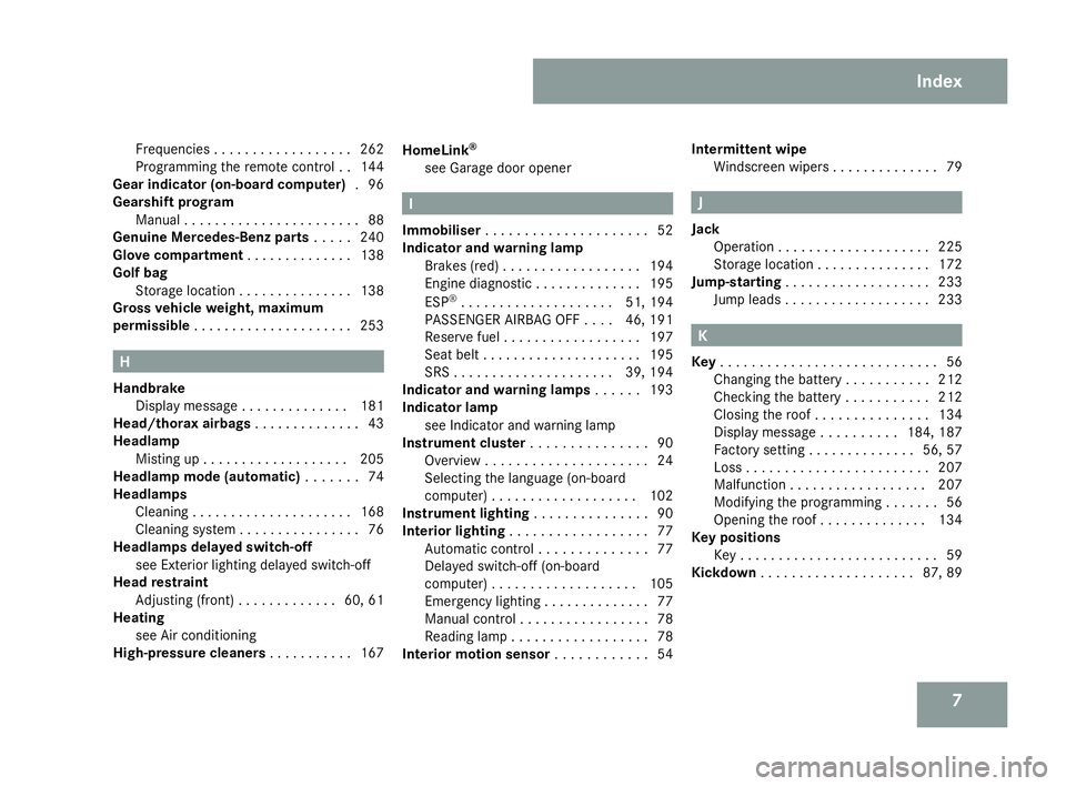 MERCEDES-BENZ SLK ROADSTER 2008  Owners Manual 7
Frequencies . . . . . . . . . . . . . . . . .
.262
Programming the remote control . .144
Gear indicator (on-board computer) .96
Gearshift program Manua l.. . . . . . . . . . . . . . . . . . . . . .8