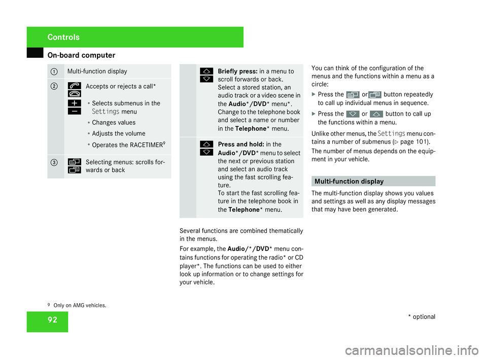 MERCEDES-BENZ SLK ROADSTER 2008  Owners Manual On-board computer
92 1 Multi-function display
2 s
t
Accepts or rejects a call*
æ
ç R
Selects submenus in the
Settings menu
R Changes values
R Adjusts the volum e
R Operates the RACETIMER 93 è
ÿ
Se