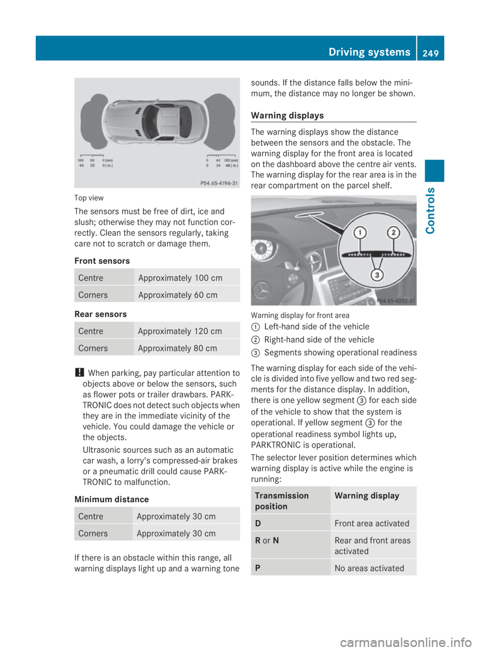 MERCEDES-BENZ SLS COUPE 2010  Owners Manual Top view
The sensors must be free of dirt, ice and
slush; otherwise they may not function cor-
rectly. Clean the sensors regularly, taking
care not to scratch or damage them.
Front sensors Centre Appr