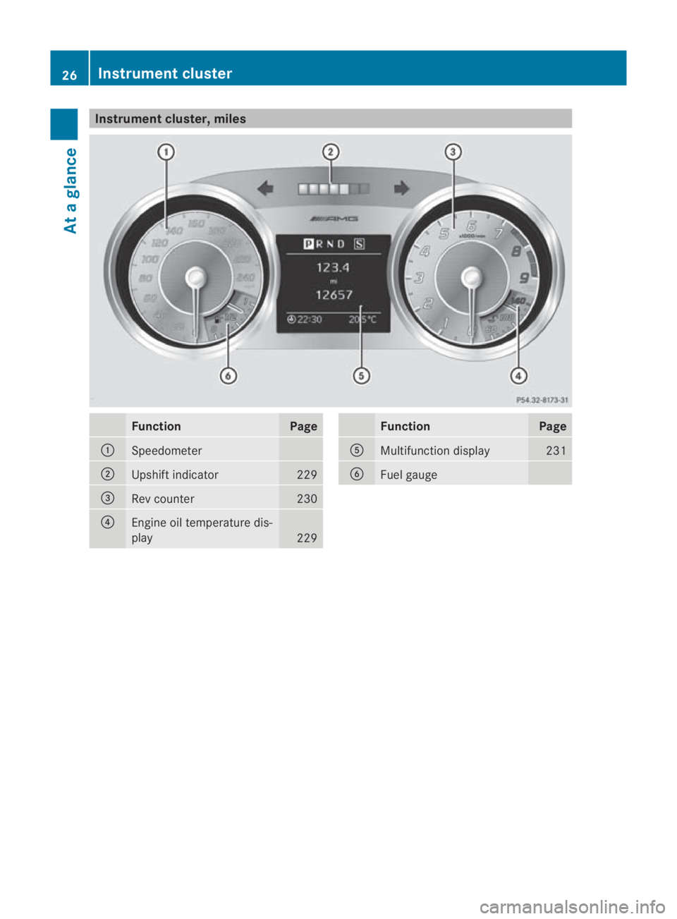 MERCEDES-BENZ SLS COUPE 2010  Owners Manual Instrumen
tcluster, miles Function Page
0001
Speedometer
0002
Upshif
tindicator 229
0015
Re
vc ounter 230
0014
Engine oil temperature dis-
play
229 Function Page
0012
Multifunction display 231
0013
Fu