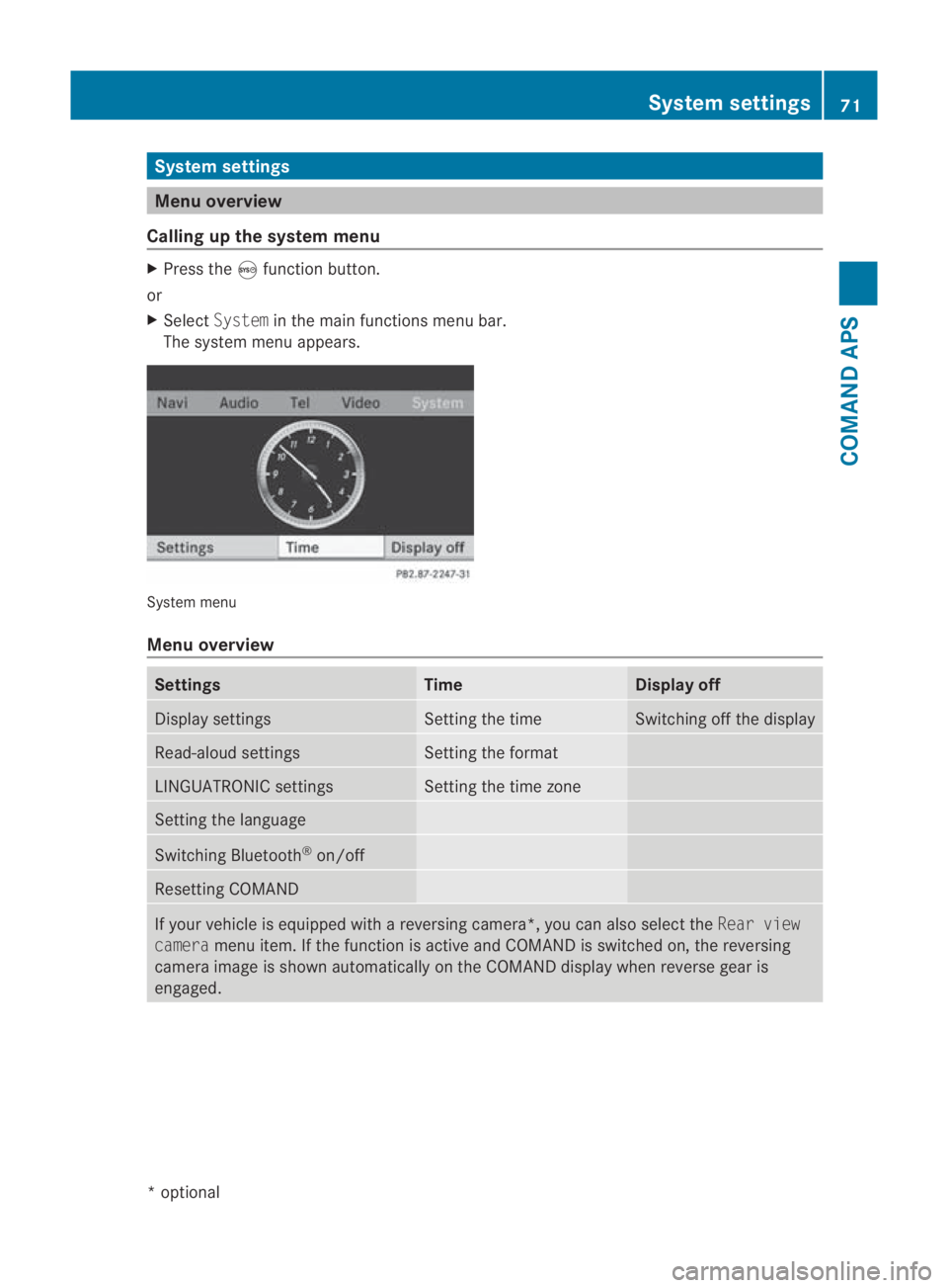 MERCEDES-BENZ SLS COUPE 2010  Owners Manual System settings
Menu overview
Calling up the system menu X
Press the 0023function button.
or
X Select System in the main functions menu bar.
The system menu appears. System menu
Menu overview
Settings