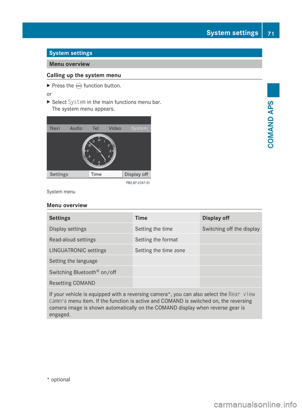 MERCEDES-BENZ SLS COUPE 2010 Manual PDF System settings
Menu overview
Calling up the system menu X
Press the 0023function button.
or
X Select System in the main functions menu bar.
The system menu appears. System menu
Menu overview
Settings MERCEDES-BENZ SLS COUPE 2010 Manual PDF System settings
Menu overview
Calling up the system menu X
Press the 0023function button.
or
X Select System in the main functions menu bar.
The system menu appears. System menu
Menu overview
Settings