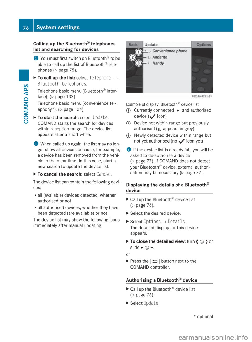 MERCEDES-BENZ SLS COUPE 2010 Manual PDF Calling up the Bluetooth
®
telephones
list and searching for devices i
You must first switch on Bluetooth ®
to be
able to call up the list of Bluetooth ®
tele-
phones (Y page 75).
X To call up the MERCEDES-BENZ SLS COUPE 2010 Manual PDF Calling up the Bluetooth
®
telephones
list and searching for devices i
You must first switch on Bluetooth ®
to be
able to call up the list of Bluetooth ®
tele-
phones (Y page 75).
X To call up the