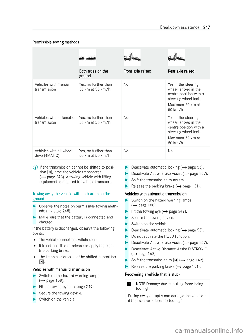MERCEDES-BENZ V-CLASS 2021  Owners Manual P
P
er
er missible to
missible towing met
wing met hods
hods Bot
Bot
h axles on t
h axles on t he
he
gr
gr ound
ound F
F
r
ront axle r
ont axle r aised
aised R
R
ear axle r
ear axle r aised
aised
Ve h