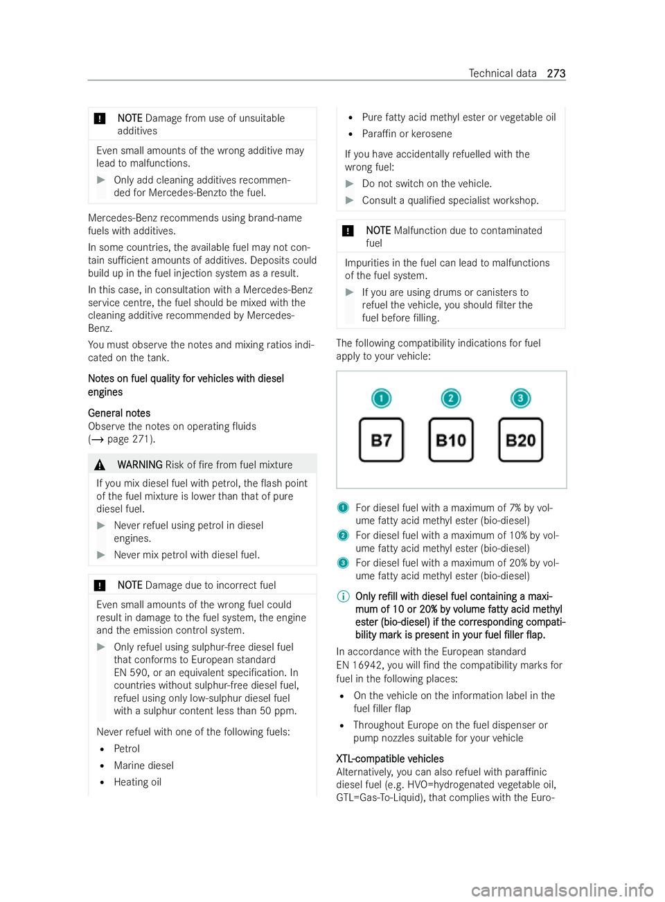 MERCEDES-BENZ V-CLASS 2021  Owners Manual *
N NO OTE
TE Damage from use of unsuitable
additives Even small amounts of
the wrong additive may
lead tomalfunctions. #
Only add cleaning additives recommen-
ded for Mercedes-Benzto the fuel. Merced