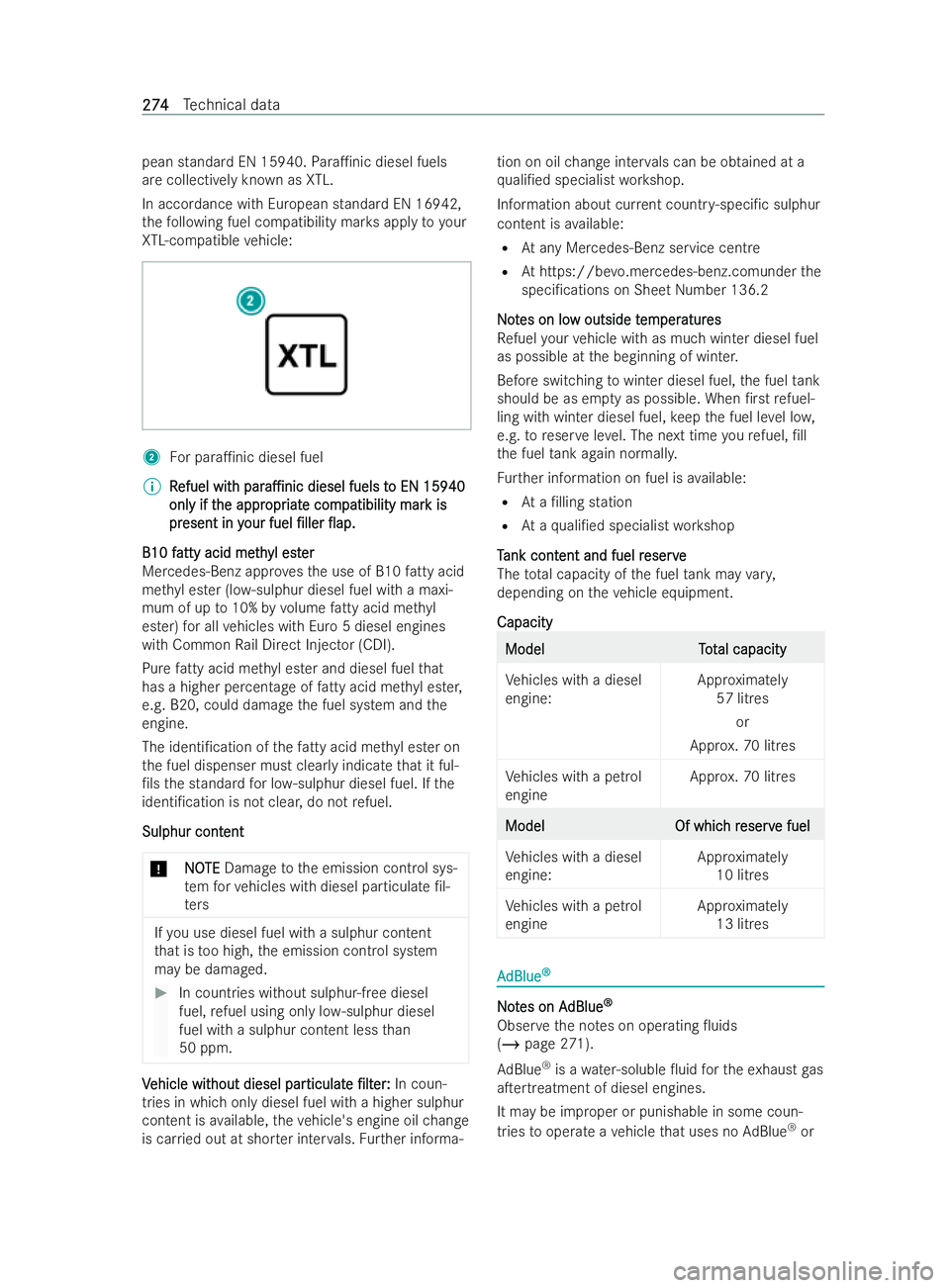 MERCEDES-BENZ V-CLASS 2021  Owners Manual pean standard EN 15940.
Para1nic diesel fuels
are collectively known as XTL.
In accordance with European standard EN 16942,
th efo llowing fuel compatibility mar ksapply toyour
XTL-compatible vehicle