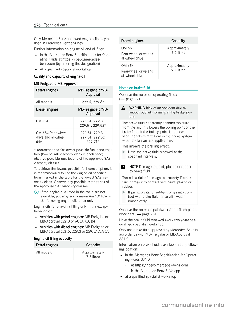 MERCEDES-BENZ V-CLASS 2021  Owners Manual Only Mercedes-Benz-appr
oved engine oils may be
used in Mercedes-Benz engines.
Fu rther information on engine oil and oil /lter:
R Inthe Mercedes-Benz Speci/cations for Oper-
ating Fluids at https:/