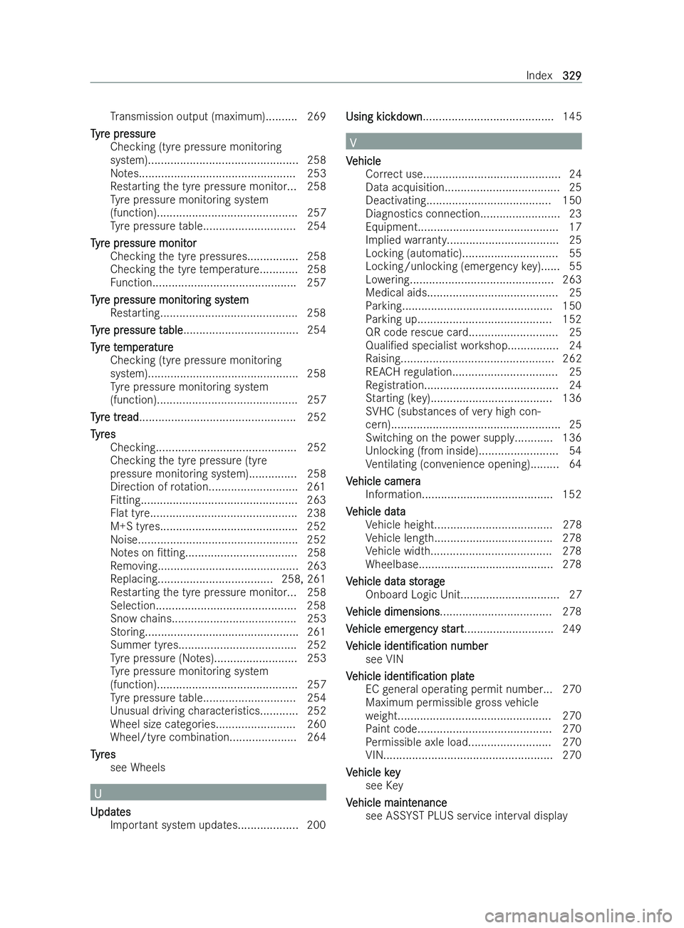 MERCEDES-BENZ V-CLASS 2021  Owners Manual Tr
ansmission output (maximum ).......... 269
T
T yr
yr e pr
e pr essure
essure
Checking (tyre pressure monitoring
system)............................................... 258
No tes....................