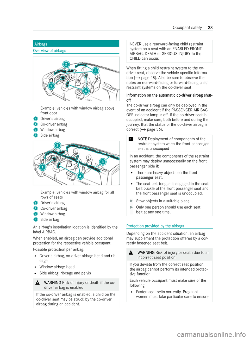 MERCEDES-BENZ V-CLASS 2021  Owners Manual Airbags
Airbags
Ov
Ov
er
ervie
vie w of airbags
w of airbags Example:
vehicles with wind owairbag abo ve
front door
1 Driver's airbag
2 Co-driver airbag
3 Window airbag
4 Side airbag Example:
vehi