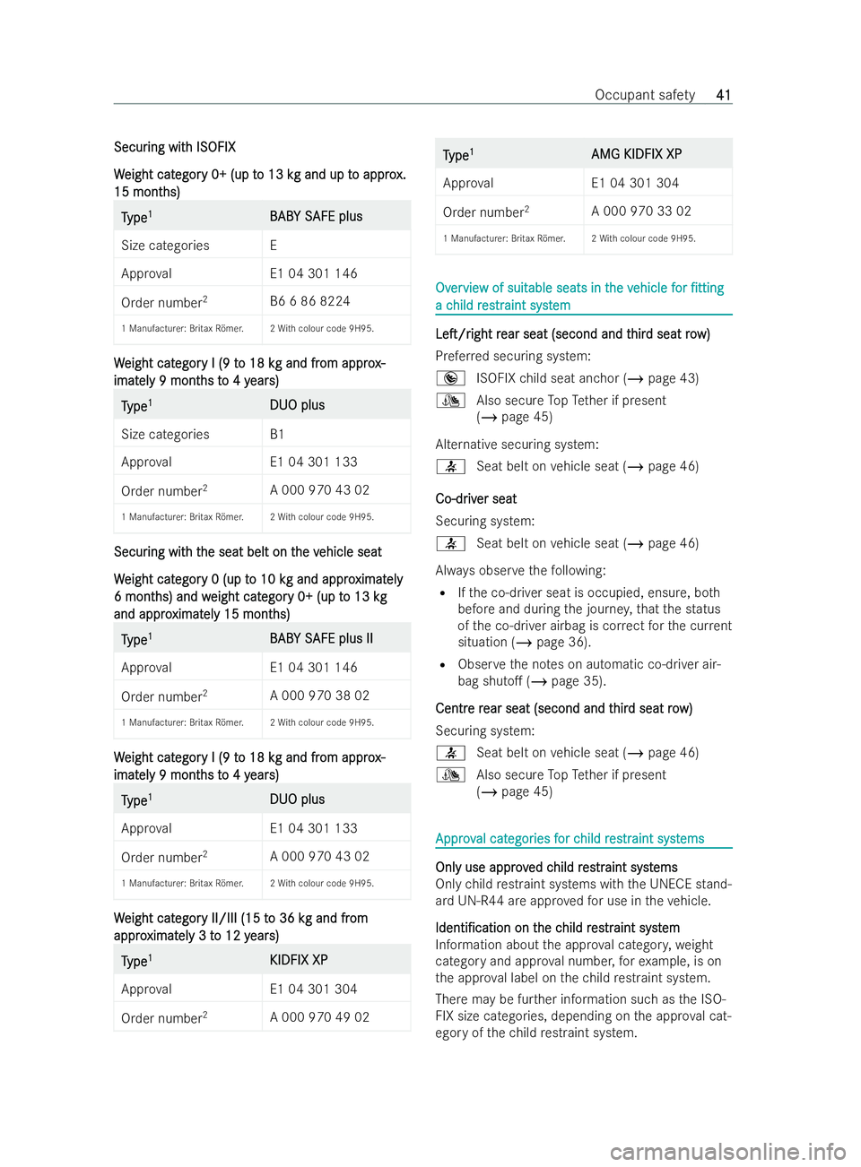 MERCEDES-BENZ V-CLASS 2021 Service Manual Secur
Secur
ing wit
ing wit h ISOFIX
h ISOFIX
W
W eight cat
eight cat egor
egory 0+ (up t
y 0+ (up t o 13 k
o 13 kg and up tg and up t o appro
o approx.
x.
15 mont
15 mont hs)
hs) T
T
ype
ype 1
1
B
BA