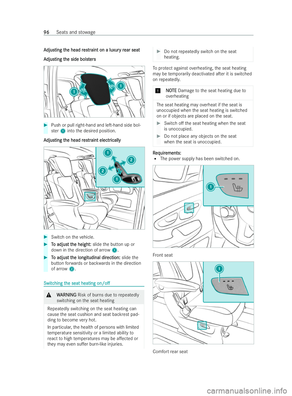 MERCEDES-BENZ V-CLASS 2021  Owners Manual A
A
djus
djus ting t
ting t he head r
he head r es
estr traint on a luxur
aint on a luxur y r
y rear seat
ear seat
A
A djus
djus ting t
ting t he side bolst
he side bolst ers
ers #
Push or pull right-