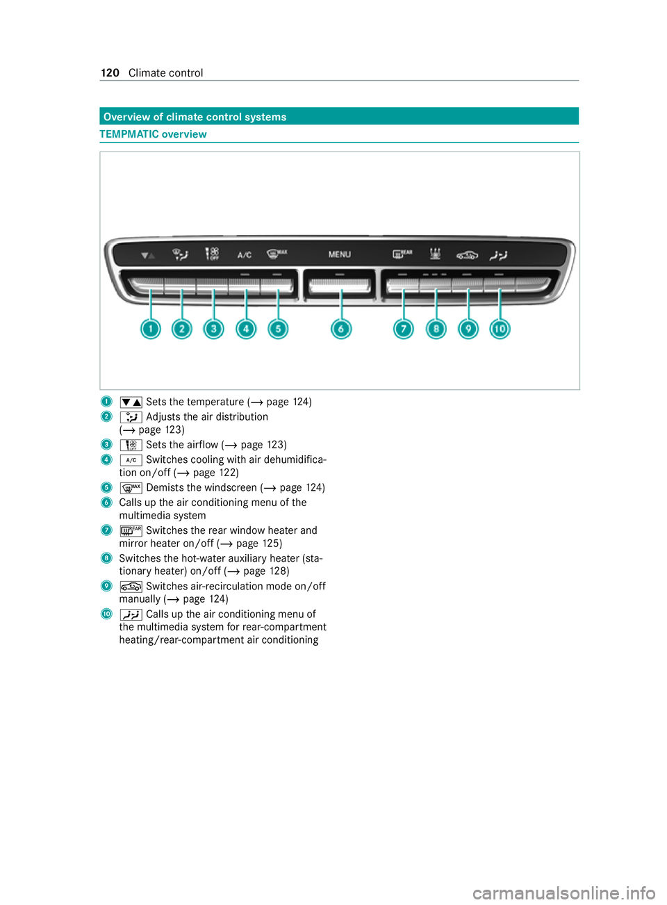 MERCEDES-BENZ V-CLASS MPV 2021 Owners Manual Overview of climate control sy
stems TEMPMATIC
overview 1
0082 Setsthete mp erature (/ page124)
2 008F Adjusts the air distribution
(/ page 123)
3 H Setsthe air flow ( /page 123)
4 005A Switches cooli MERCEDES-BENZ V-CLASS MPV 2021 Owners Manual Overview of climate control sy
stems TEMPMATIC
overview 1
0082 Setsthete mp erature (/ page124)
2 008F Adjusts the air distribution
(/ page 123)
3 H Setsthe air flow ( /page 123)
4 005A Switches cooli