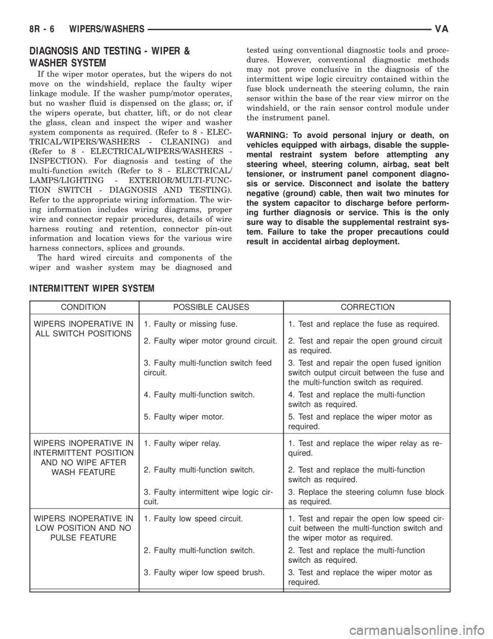 MERCEDES-BENZ SPRINTER 2006 Service Manual DIAGNOSIS AND TESTING - WIPER &
WASHER SYSTEM
If the wiper motor operates, but the wipers do not
move on the windshield, replace the faulty wiper
linkage module. If the washer pump/motor operates,
but MERCEDES-BENZ SPRINTER 2006 Service Manual DIAGNOSIS AND TESTING - WIPER &
WASHER SYSTEM
If the wiper motor operates, but the wipers do not
move on the windshield, replace the faulty wiper
linkage module. If the washer pump/motor operates,
but