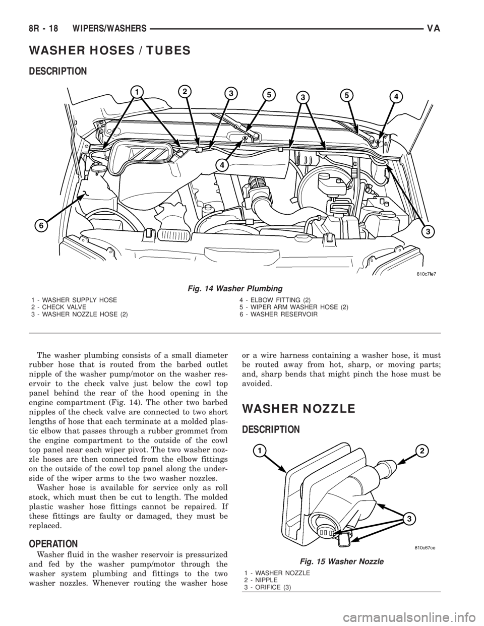 MERCEDES-BENZ SPRINTER 2006 Service Manual WASHER HOSES / TUBES
DESCRIPTION
The washer plumbing consists of a small diameter
rubber hose that is routed from the barbed outlet
nipple of the washer pump/motor on the washer res-
ervoir to the che MERCEDES-BENZ SPRINTER 2006 Service Manual WASHER HOSES / TUBES
DESCRIPTION
The washer plumbing consists of a small diameter
rubber hose that is routed from the barbed outlet
nipple of the washer pump/motor on the washer res-
ervoir to the che
