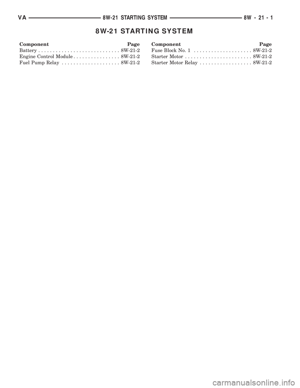 MERCEDES-BENZ SPRINTER 2006  Service Manual 8W-21 STARTING SYSTEM
Component Page
Battery............................ 8W-21-2
Engine Control Module................ 8W-21-2
Fuel Pump Relay.................... 8W-21-2Component Page
Fuse Block No. 