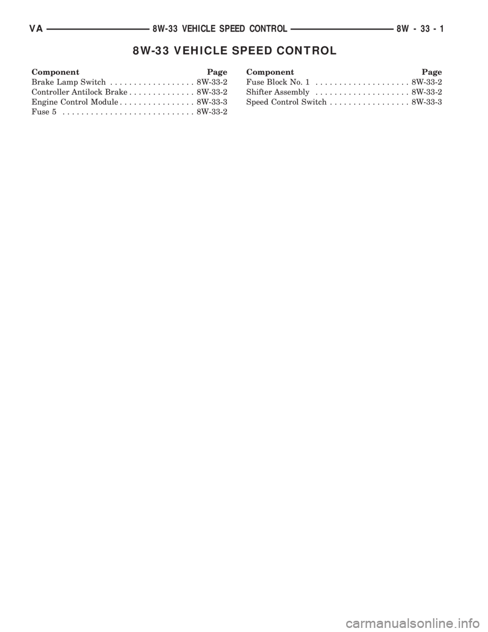 MERCEDES-BENZ SPRINTER 2006  Service Manual 8W-33 VEHICLE SPEED CONTROL
Component Page
Brake Lamp Switch.................. 8W-33-2
Controller Antilock Brake.............. 8W-33-2
Engine Control Module................ 8W-33-3
Fuse 5.............