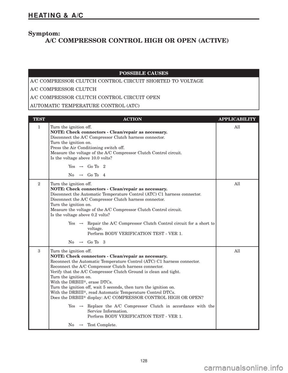 MERCEDES-BENZ SPRINTER 2006 Service Manual Symptom:
A/C COMPRESSOR CONTROL HIGH OR OPEN (ACTIVE)
POSSIBLE CAUSES
A/C COMPRESSOR CLUTCH CONTROL CIRCUIT SHORTED TO VOLTAGE
A/C COMPRESSOR CLUTCH
A/C COMPRESSOR CLUTCH CONTROL CIRCUIT OPEN
AUTOMATI MERCEDES-BENZ SPRINTER 2006 Service Manual Symptom:
A/C COMPRESSOR CONTROL HIGH OR OPEN (ACTIVE)
POSSIBLE CAUSES
A/C COMPRESSOR CLUTCH CONTROL CIRCUIT SHORTED TO VOLTAGE
A/C COMPRESSOR CLUTCH
A/C COMPRESSOR CLUTCH CONTROL CIRCUIT OPEN
AUTOMATI
