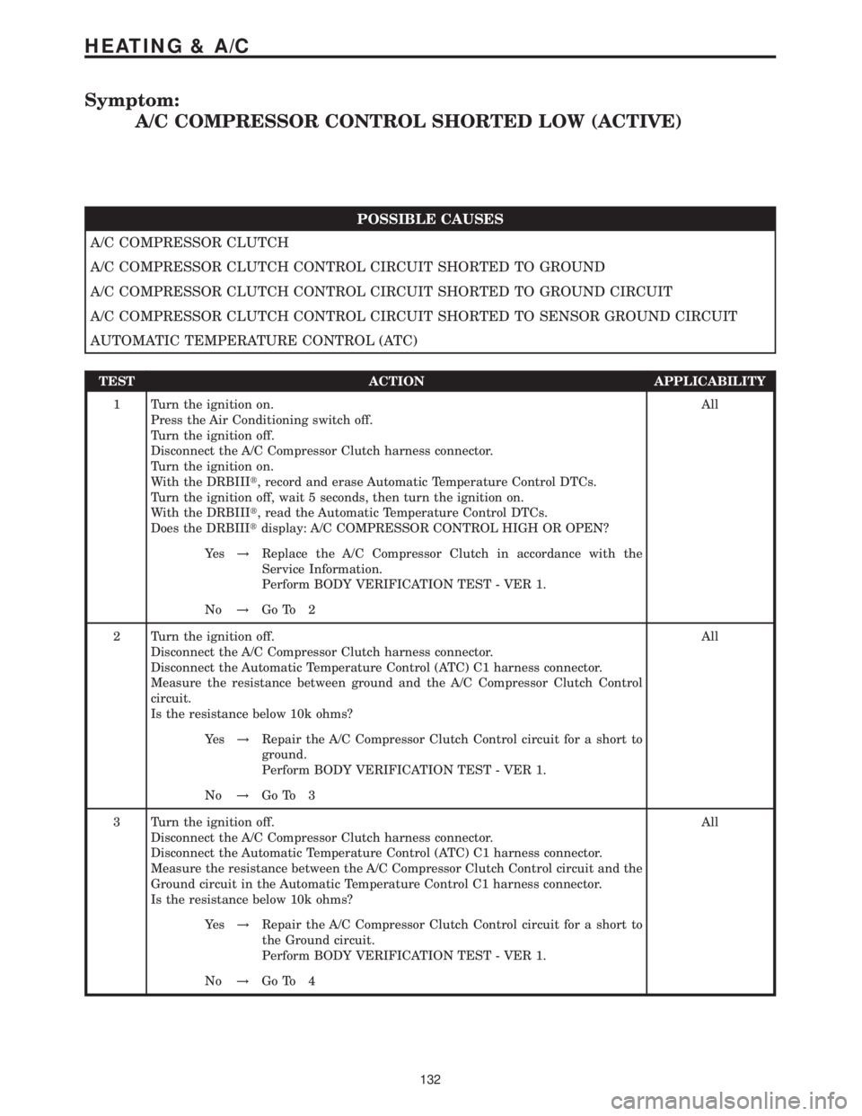 MERCEDES-BENZ SPRINTER 2006 Service Manual Symptom:
A/C COMPRESSOR CONTROL SHORTED LOW (ACTIVE)
POSSIBLE CAUSES
A/C COMPRESSOR CLUTCH
A/C COMPRESSOR CLUTCH CONTROL CIRCUIT SHORTED TO GROUND
A/C COMPRESSOR CLUTCH CONTROL CIRCUIT SHORTED TO GROU MERCEDES-BENZ SPRINTER 2006 Service Manual Symptom:
A/C COMPRESSOR CONTROL SHORTED LOW (ACTIVE)
POSSIBLE CAUSES
A/C COMPRESSOR CLUTCH
A/C COMPRESSOR CLUTCH CONTROL CIRCUIT SHORTED TO GROUND
A/C COMPRESSOR CLUTCH CONTROL CIRCUIT SHORTED TO GROU