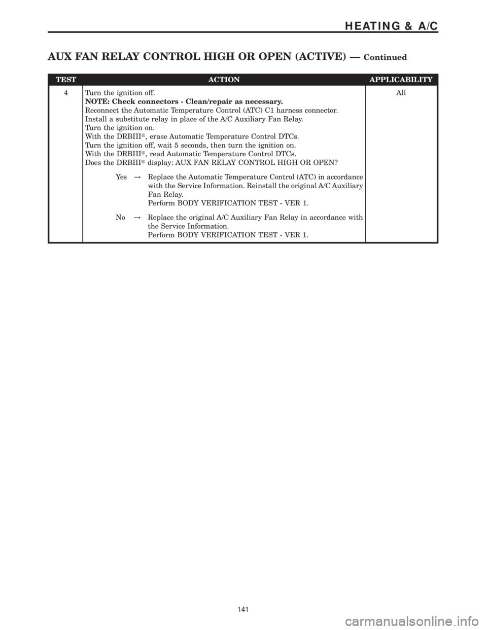MERCEDES-BENZ SPRINTER 2006 Service Manual TEST ACTION APPLICABILITY
4 Turn the ignition off.
NOTE: Check connectors - Clean/repair as necessary.
Reconnect the Automatic Temperature Control (ATC) C1 harness connector.
Install a substitute rela MERCEDES-BENZ SPRINTER 2006 Service Manual TEST ACTION APPLICABILITY
4 Turn the ignition off.
NOTE: Check connectors - Clean/repair as necessary.
Reconnect the Automatic Temperature Control (ATC) C1 harness connector.
Install a substitute rela