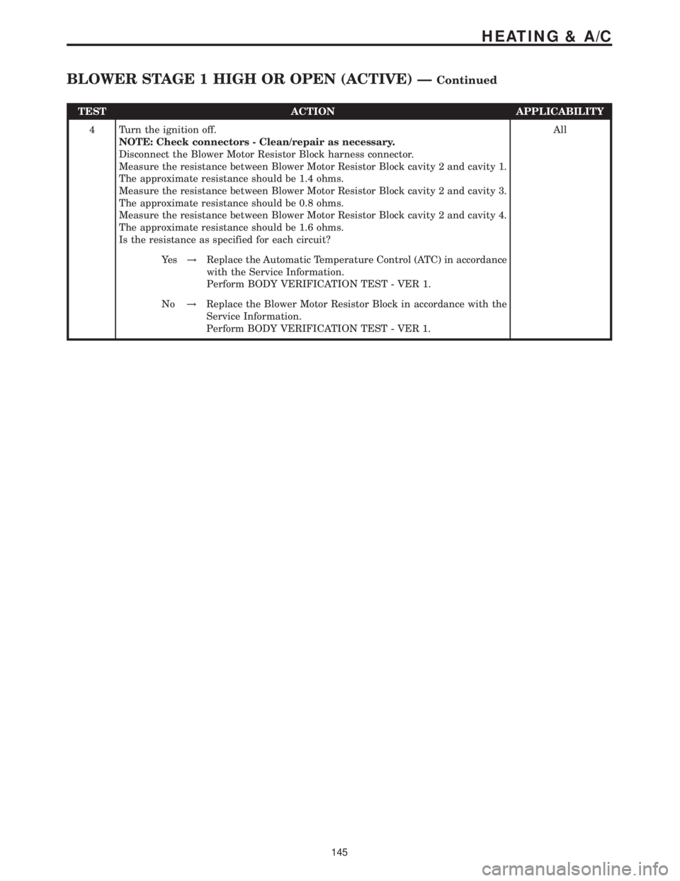 MERCEDES-BENZ SPRINTER 2006 Service Manual TEST ACTION APPLICABILITY
4 Turn the ignition off.
NOTE: Check connectors - Clean/repair as necessary.
Disconnect the Blower Motor Resistor Block harness connector.
Measure the resistance between Blow MERCEDES-BENZ SPRINTER 2006 Service Manual TEST ACTION APPLICABILITY
4 Turn the ignition off.
NOTE: Check connectors - Clean/repair as necessary.
Disconnect the Blower Motor Resistor Block harness connector.
Measure the resistance between Blow