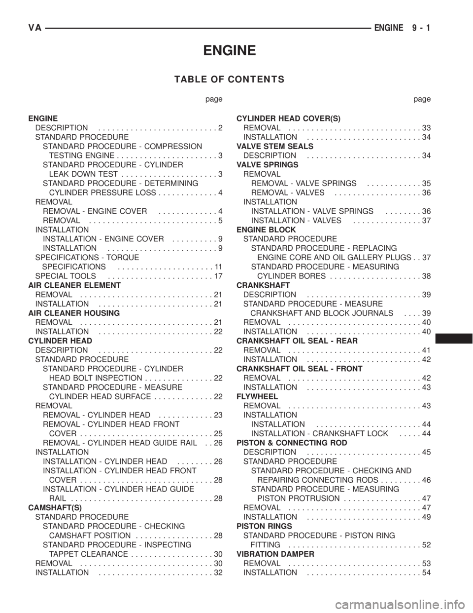 MERCEDES-BENZ SPRINTER 2006 Service Manual ENGINE
TABLE OF CONTENTS
page page
ENGINE
DESCRIPTION..........................2
STANDARD PROCEDURE
STANDARD PROCEDURE - COMPRESSION
TESTING ENGINE......................3
STANDARD PROCEDURE - CYLINDER MERCEDES-BENZ SPRINTER 2006 Service Manual ENGINE
TABLE OF CONTENTS
page page
ENGINE
DESCRIPTION..........................2
STANDARD PROCEDURE
STANDARD PROCEDURE - COMPRESSION
TESTING ENGINE......................3
STANDARD PROCEDURE - CYLINDER