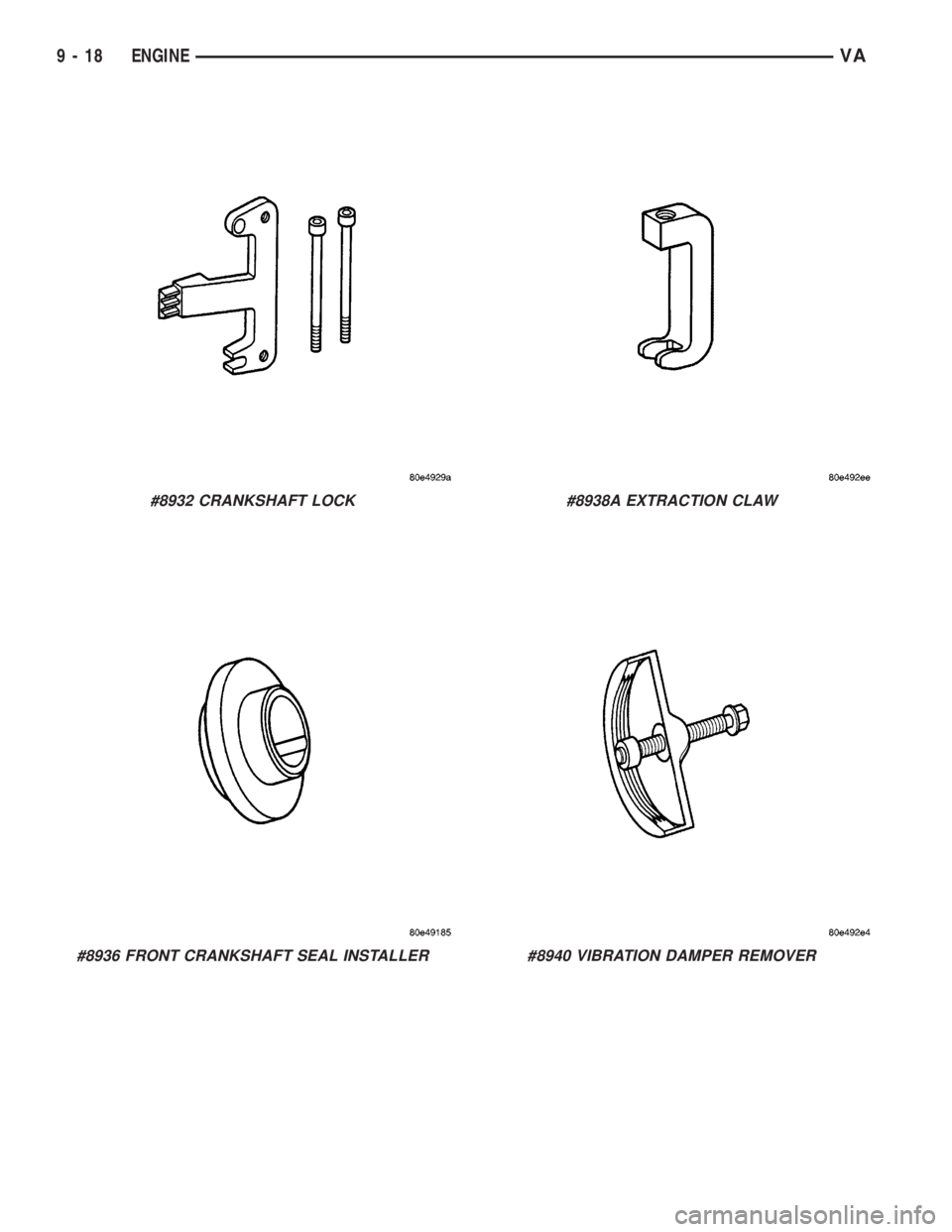 MERCEDES-BENZ SPRINTER 2006 Service Manual #8932 CRANKSHAFT LOCK
#8936 FRONT CRANKSHAFT SEAL INSTALLER
#8938A EXTRACTION CLAW
#8940 VIBRATION DAMPER REMOVER
9 - 18 ENGINEVA MERCEDES-BENZ SPRINTER 2006 Service Manual #8932 CRANKSHAFT LOCK
#8936 FRONT CRANKSHAFT SEAL INSTALLER
#8938A EXTRACTION CLAW
#8940 VIBRATION DAMPER REMOVER
9 - 18 ENGINEVA