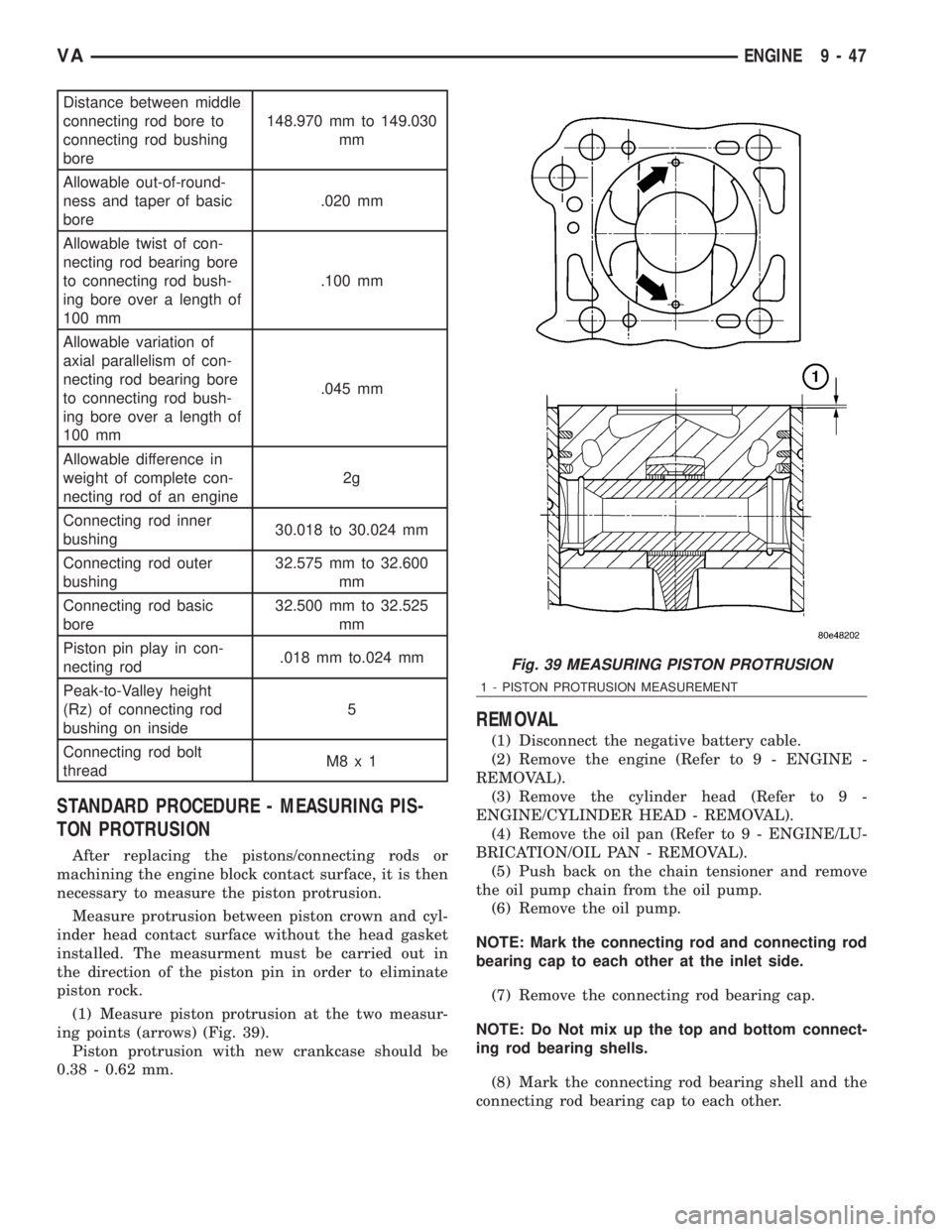 MERCEDES-BENZ SPRINTER 2006 Service Manual Distance between middle
connecting rod bore to
connecting rod bushing
bore148.970 mm to 149.030
mm
Allowable out-of-round-
ness and taper of basic
bore.020 mm
Allowable twist of con-
necting rod beari MERCEDES-BENZ SPRINTER 2006 Service Manual Distance between middle
connecting rod bore to
connecting rod bushing
bore148.970 mm to 149.030
mm
Allowable out-of-round-
ness and taper of basic
bore.020 mm
Allowable twist of con-
necting rod beari
