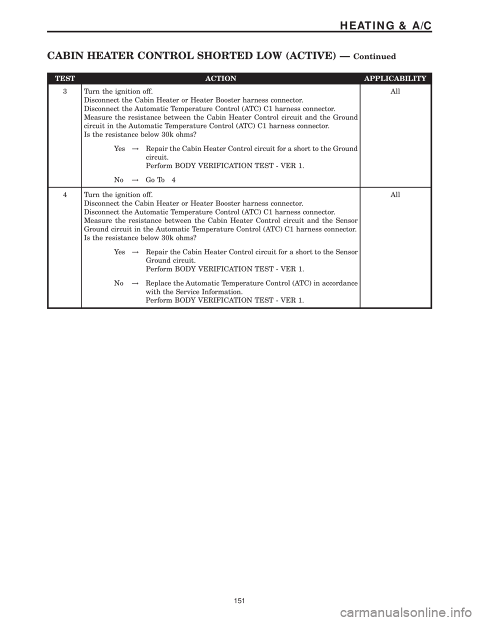 MERCEDES-BENZ SPRINTER 2006 Service Manual TEST ACTION APPLICABILITY
3 Turn the ignition off.
Disconnect the Cabin Heater or Heater Booster harness connector.
Disconnect the Automatic Temperature Control (ATC) C1 harness connector.
Measure the MERCEDES-BENZ SPRINTER 2006 Service Manual TEST ACTION APPLICABILITY
3 Turn the ignition off.
Disconnect the Cabin Heater or Heater Booster harness connector.
Disconnect the Automatic Temperature Control (ATC) C1 harness connector.
Measure the
