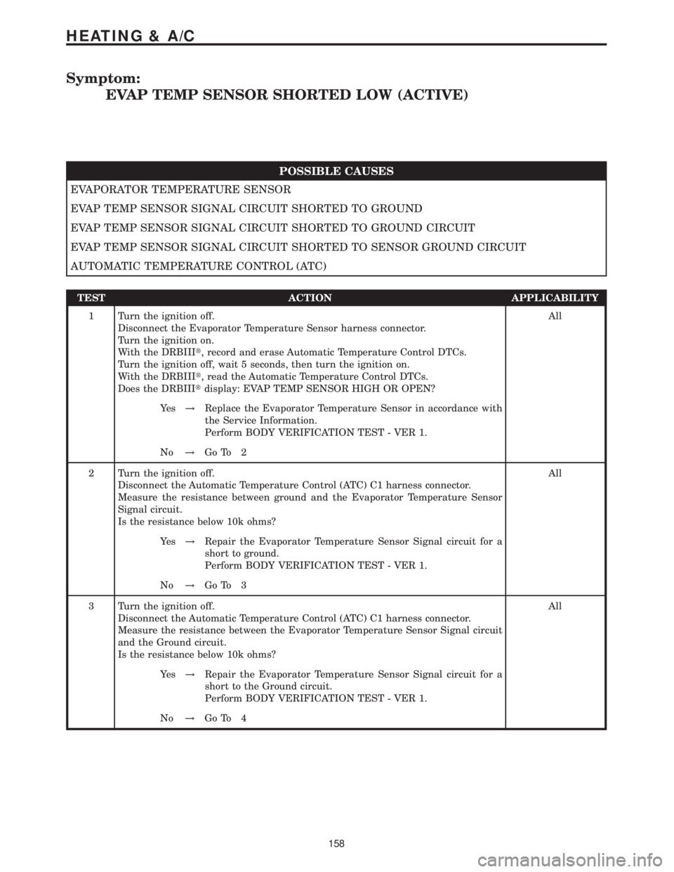 MERCEDES-BENZ SPRINTER 2006 Service Manual Symptom:
EVAP TEMP SENSOR SHORTED LOW (ACTIVE)
POSSIBLE CAUSES
EVAPORATOR TEMPERATURE SENSOR
EVAP TEMP SENSOR SIGNAL CIRCUIT SHORTED TO GROUND
EVAP TEMP SENSOR SIGNAL CIRCUIT SHORTED TO GROUND CIRCUIT MERCEDES-BENZ SPRINTER 2006 Service Manual Symptom:
EVAP TEMP SENSOR SHORTED LOW (ACTIVE)
POSSIBLE CAUSES
EVAPORATOR TEMPERATURE SENSOR
EVAP TEMP SENSOR SIGNAL CIRCUIT SHORTED TO GROUND
EVAP TEMP SENSOR SIGNAL CIRCUIT SHORTED TO GROUND CIRCUIT