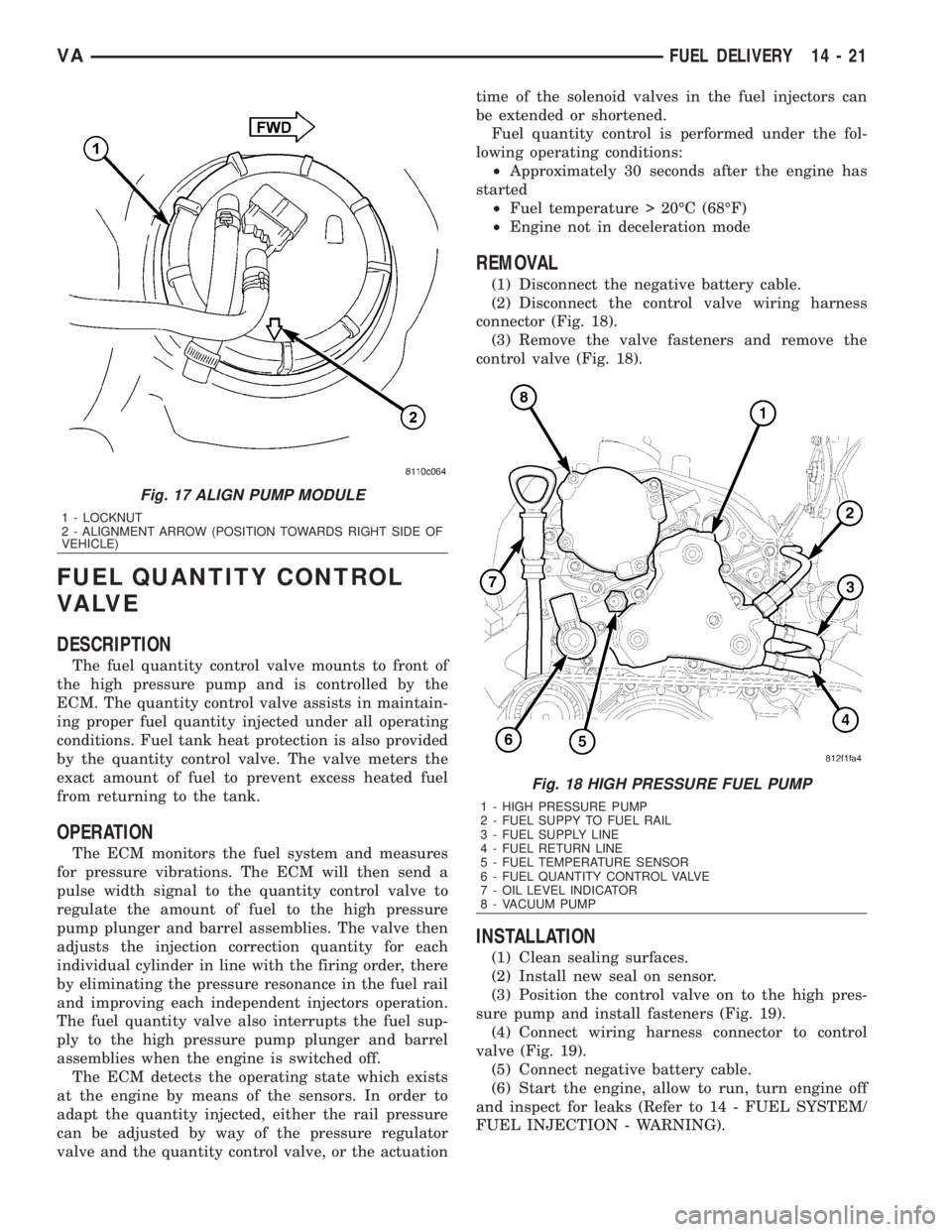 MERCEDES-BENZ SPRINTER 2006 Service Manual FUEL QUANTITY CONTROL
VA LV E
DESCRIPTION
The fuel quantity control valve mounts to front of
the high pressure pump and is controlled by the
ECM. The quantity control valve assists in maintain-
ing pr MERCEDES-BENZ SPRINTER 2006 Service Manual FUEL QUANTITY CONTROL
VA LV E
DESCRIPTION
The fuel quantity control valve mounts to front of
the high pressure pump and is controlled by the
ECM. The quantity control valve assists in maintain-
ing pr