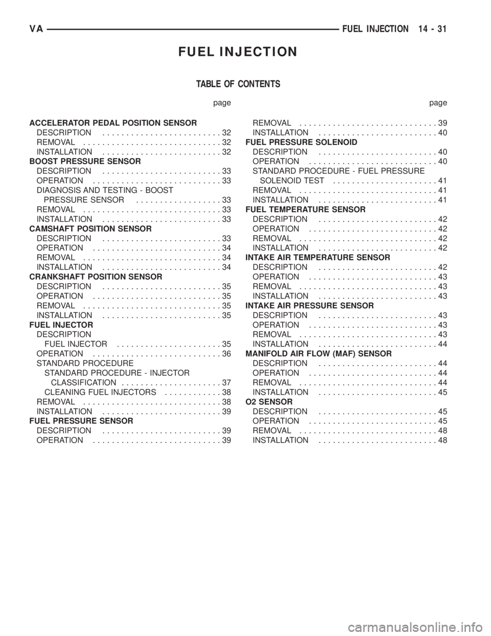 MERCEDES-BENZ SPRINTER 2006 Service Manual FUEL INJECTION
TABLE OF CONTENTS
page page
ACCELERATOR PEDAL POSITION SENSOR
DESCRIPTION.........................32
REMOVAL.............................32
INSTALLATION.........................32
BOOST MERCEDES-BENZ SPRINTER 2006 Service Manual FUEL INJECTION
TABLE OF CONTENTS
page page
ACCELERATOR PEDAL POSITION SENSOR
DESCRIPTION.........................32
REMOVAL.............................32
INSTALLATION.........................32
BOOST