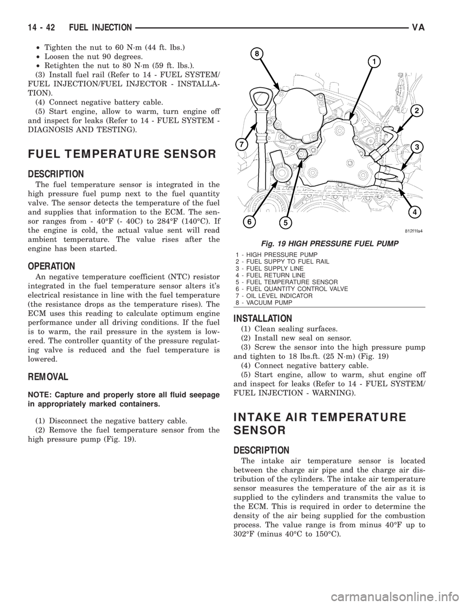 MERCEDES-BENZ SPRINTER 2006 Service Manual ²Tighten the nut to 60 N´m (44 ft. lbs.)
²Loosen the nut 90 degrees.
²Retighten the nut to 80 N´m (59 ft. lbs.).
(3) Install fuel rail (Refer to 14 - FUEL SYSTEM/
FUEL INJECTION/FUEL INJECTOR - I MERCEDES-BENZ SPRINTER 2006 Service Manual ²Tighten the nut to 60 N´m (44 ft. lbs.)
²Loosen the nut 90 degrees.
²Retighten the nut to 80 N´m (59 ft. lbs.).
(3) Install fuel rail (Refer to 14 - FUEL SYSTEM/
FUEL INJECTION/FUEL INJECTOR - I