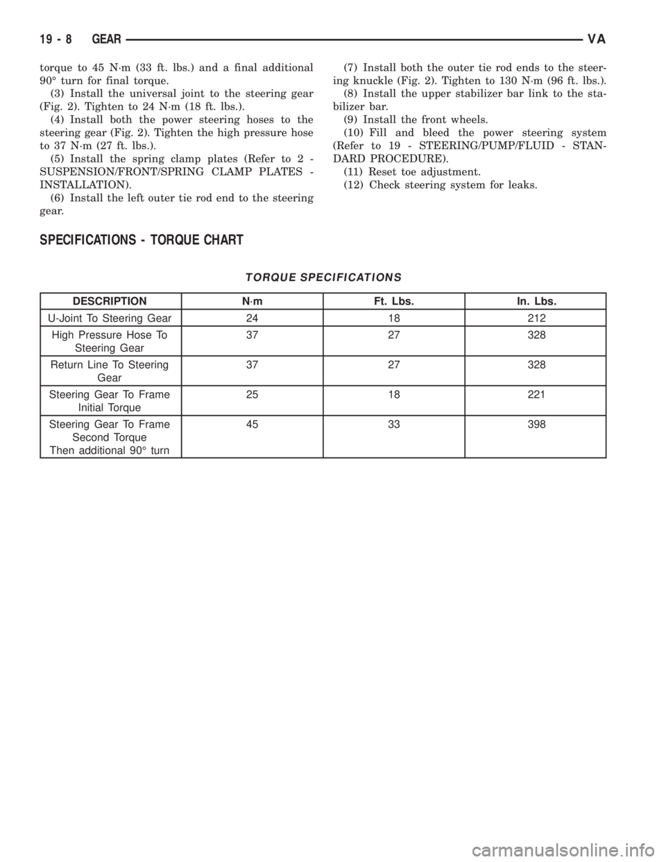MERCEDES-BENZ SPRINTER 2006 Service Manual torque to 45 N´m (33 ft. lbs.) and a final additional
90É turn for final torque.
(3) Install the universal joint to the steering gear
(Fig. 2). Tighten to 24 N´m (18 ft. lbs.).
(4) Install both the MERCEDES-BENZ SPRINTER 2006 Service Manual torque to 45 N´m (33 ft. lbs.) and a final additional
90É turn for final torque.
(3) Install the universal joint to the steering gear
(Fig. 2). Tighten to 24 N´m (18 ft. lbs.).
(4) Install both the