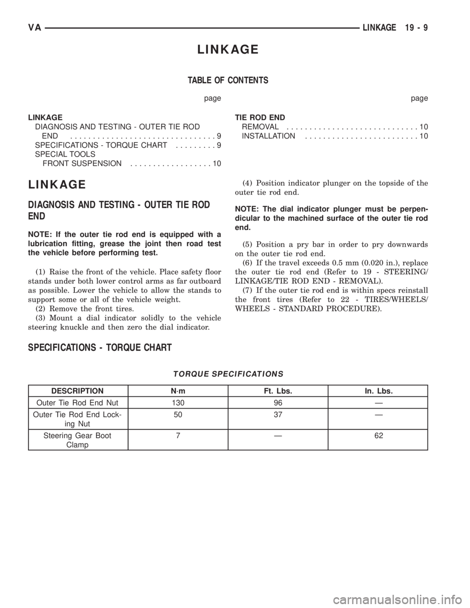 MERCEDES-BENZ SPRINTER 2006 Service Manual LINKAGE
TABLE OF CONTENTS
page page
LINKAGE
DIAGNOSIS AND TESTING - OUTER TIE ROD
END ................................9
SPECIFICATIONS - TORQUE CHART.........9
SPECIAL TOOLS
FRONT SUSPENSION.......... MERCEDES-BENZ SPRINTER 2006 Service Manual LINKAGE
TABLE OF CONTENTS
page page
LINKAGE
DIAGNOSIS AND TESTING - OUTER TIE ROD
END ................................9
SPECIFICATIONS - TORQUE CHART.........9
SPECIAL TOOLS
FRONT SUSPENSION..........