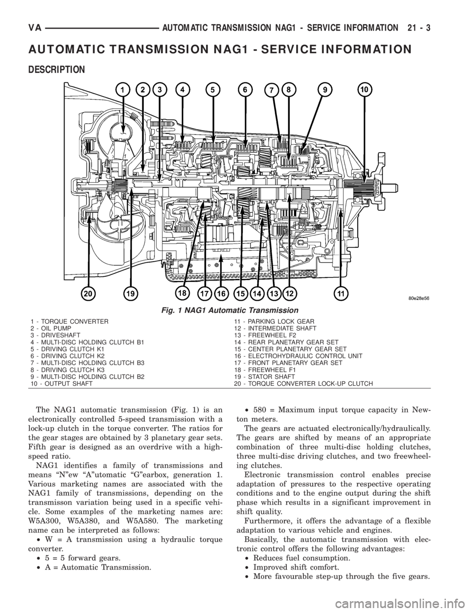 MERCEDES-BENZ SPRINTER 2006 Service Manual AUTOMATIC TRANSMISSION NAG1 - SERVICE INFORMATION
DESCRIPTION
The NAG1 automatic transmission (Fig. 1) is an
electronically controlled 5-speed transmission with a
lock-up clutch in the torque converte MERCEDES-BENZ SPRINTER 2006 Service Manual AUTOMATIC TRANSMISSION NAG1 - SERVICE INFORMATION
DESCRIPTION
The NAG1 automatic transmission (Fig. 1) is an
electronically controlled 5-speed transmission with a
lock-up clutch in the torque converte