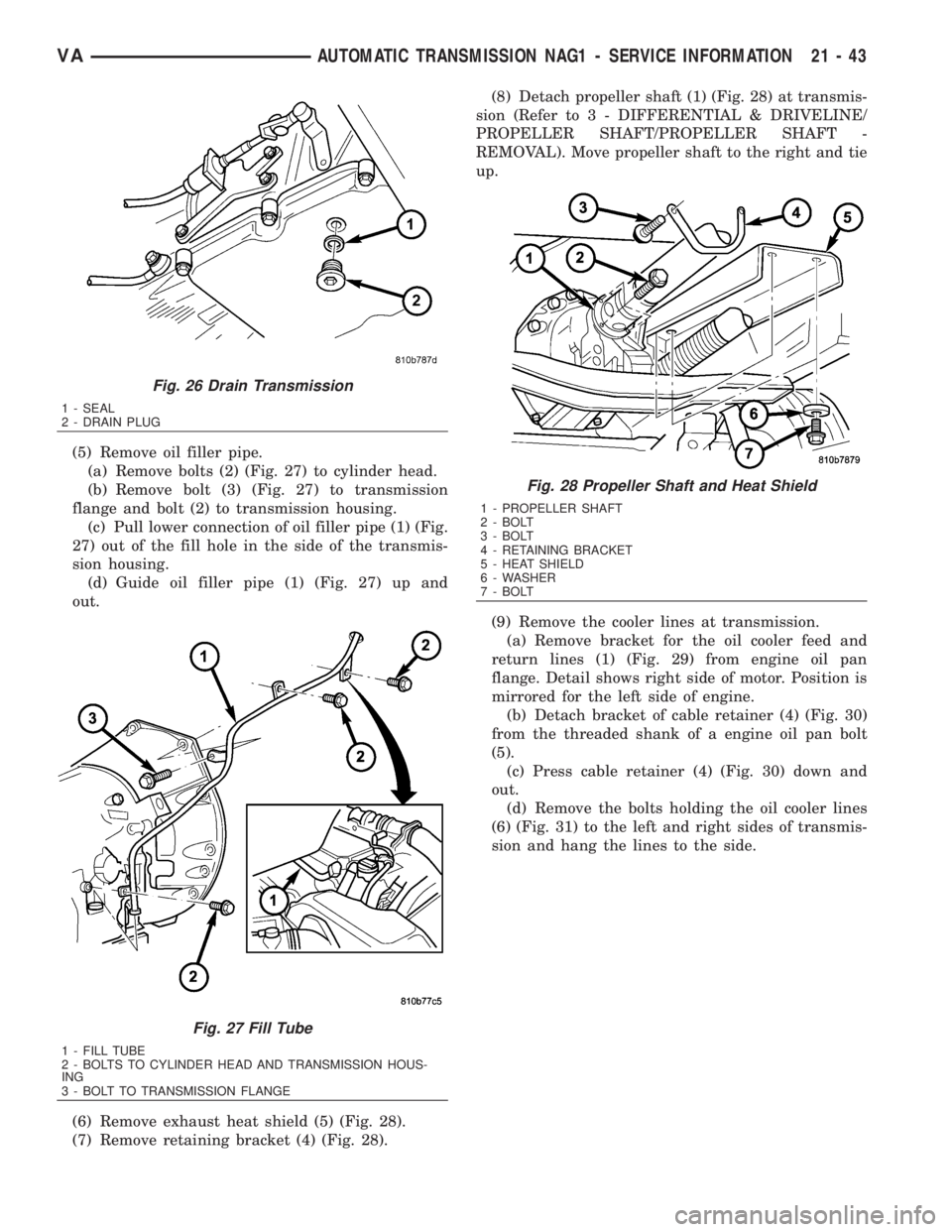 MERCEDES-BENZ SPRINTER 2006 Service Manual (5) Remove oil filler pipe.
(a) Remove bolts (2) (Fig. 27) to cylinder head.
(b) Remove bolt (3) (Fig. 27) to transmission
flange and bolt (2) to transmission housing.
(c) Pull lower connection of oil MERCEDES-BENZ SPRINTER 2006 Service Manual (5) Remove oil filler pipe.
(a) Remove bolts (2) (Fig. 27) to cylinder head.
(b) Remove bolt (3) (Fig. 27) to transmission
flange and bolt (2) to transmission housing.
(c) Pull lower connection of oil