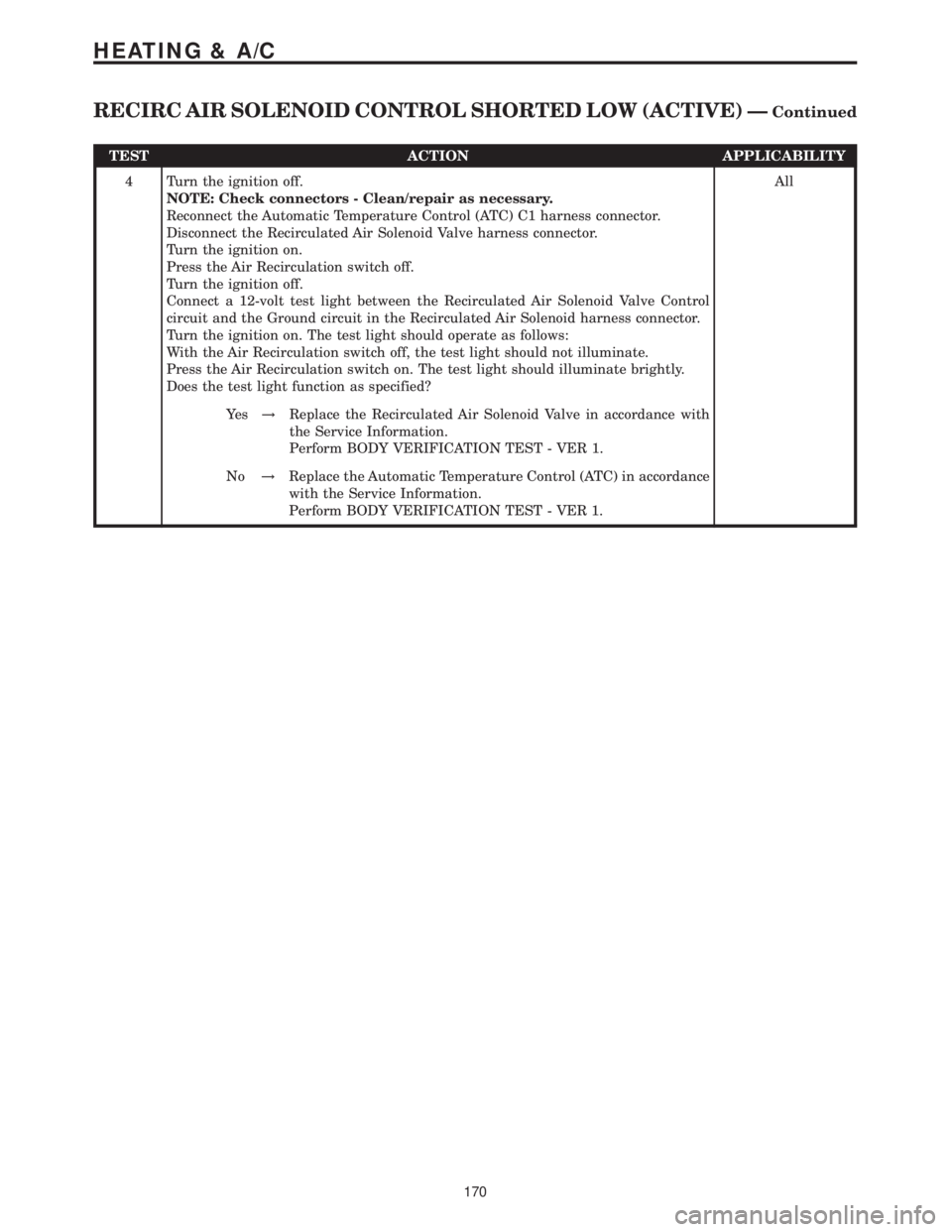 MERCEDES-BENZ SPRINTER 2006 Service Manual TEST ACTION APPLICABILITY
4 Turn the ignition off.
NOTE: Check connectors - Clean/repair as necessary.
Reconnect the Automatic Temperature Control (ATC) C1 harness connector.
Disconnect the Recirculat MERCEDES-BENZ SPRINTER 2006 Service Manual TEST ACTION APPLICABILITY
4 Turn the ignition off.
NOTE: Check connectors - Clean/repair as necessary.
Reconnect the Automatic Temperature Control (ATC) C1 harness connector.
Disconnect the Recirculat