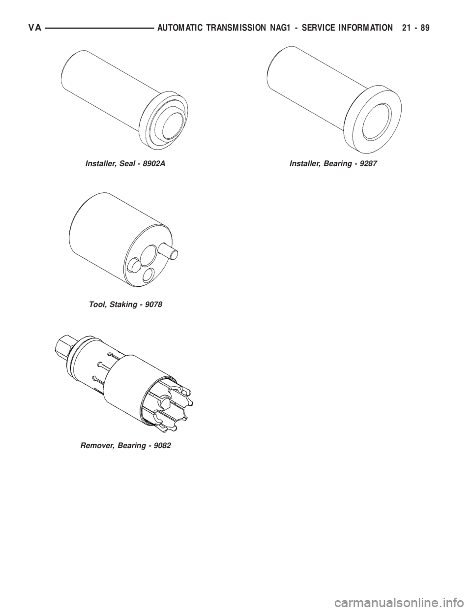 MERCEDES-BENZ SPRINTER 2006 Service Manual Installer, Seal - 8902A
Tool, Staking - 9078
Remover, Bearing - 9082
Installer, Bearing - 9287
VAAUTOMATIC TRANSMISSION NAG1 - SERVICE INFORMATION 21 - 89 MERCEDES-BENZ SPRINTER 2006 Service Manual Installer, Seal - 8902A
Tool, Staking - 9078
Remover, Bearing - 9082
Installer, Bearing - 9287
VAAUTOMATIC TRANSMISSION NAG1 - SERVICE INFORMATION 21 - 89
